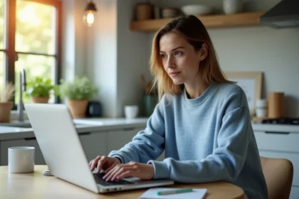 Femme en sweater bleu utilisant son ordinateur dans la cuisine