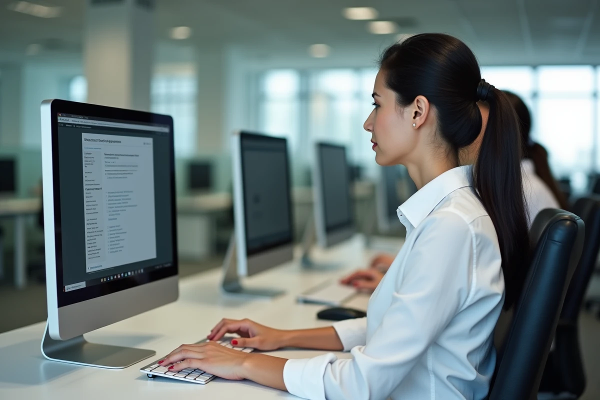 Femme en entreprise consultant les paramètres de sécurité du navigateur pour débloquer epsilon scan soft
