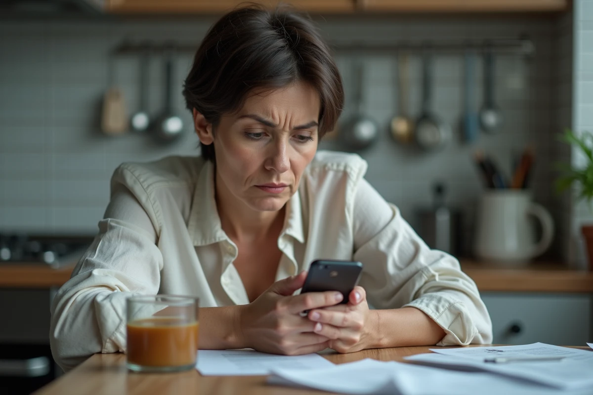 Femme préoccupée regardant son smartphone en cuisine