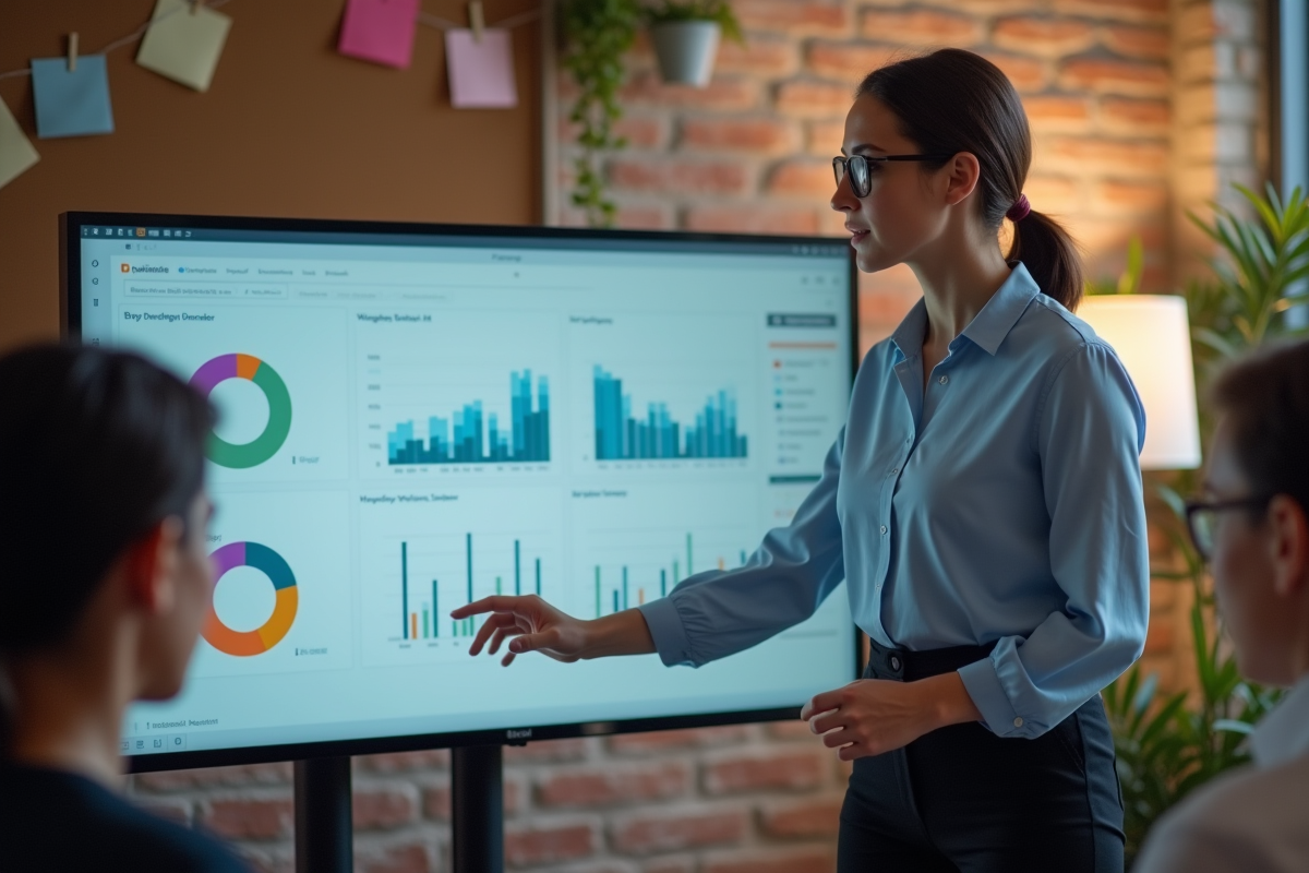 Jeune femme présentant des tableaux CRM à une équipe