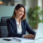Femme professionnelle en bureau moderne travaillant sur son ordinateur