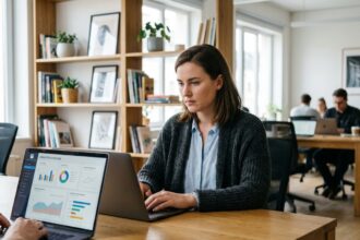Jeune femme professionnelle au bureau moderne et organisé