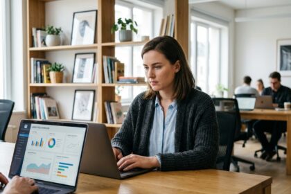 Jeune femme professionnelle au bureau moderne et organisé
