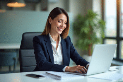 Femme professionnelle en bureau moderne travaillant sur son ordinateur