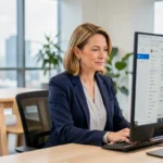 Femme professionnelle gérant sa messagerie Webmail sur un grand écran dans un bureau moderne et épuré