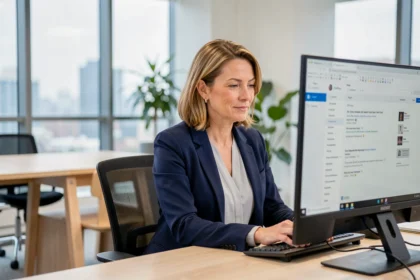 Femme professionnelle gérant sa messagerie Webmail sur un grand écran dans un bureau moderne et épuré