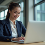 Jeune femme professionnelle utilisant un ordinateur dans un bureau lumineux