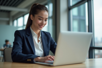 Jeune femme professionnelle utilisant un ordinateur dans un bureau lumineux