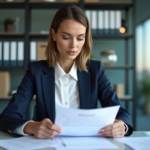 Femme d'affaires en réunion avec documents RGPD
