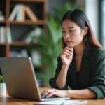 Jeune femme professionnelle analysant des données de recherche de mots clés