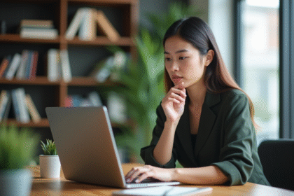 Jeune femme professionnelle analysant des données de recherche de mots clés