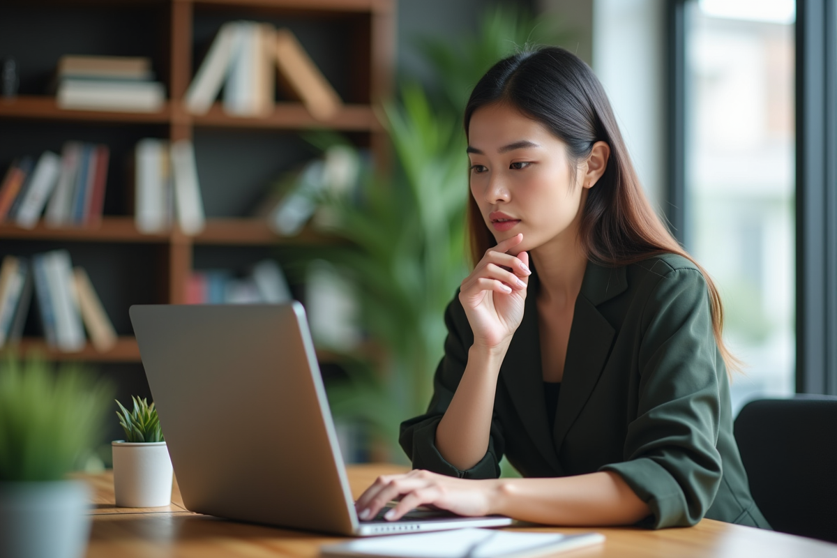 Jeune femme professionnelle analysant des données de recherche de mots clés