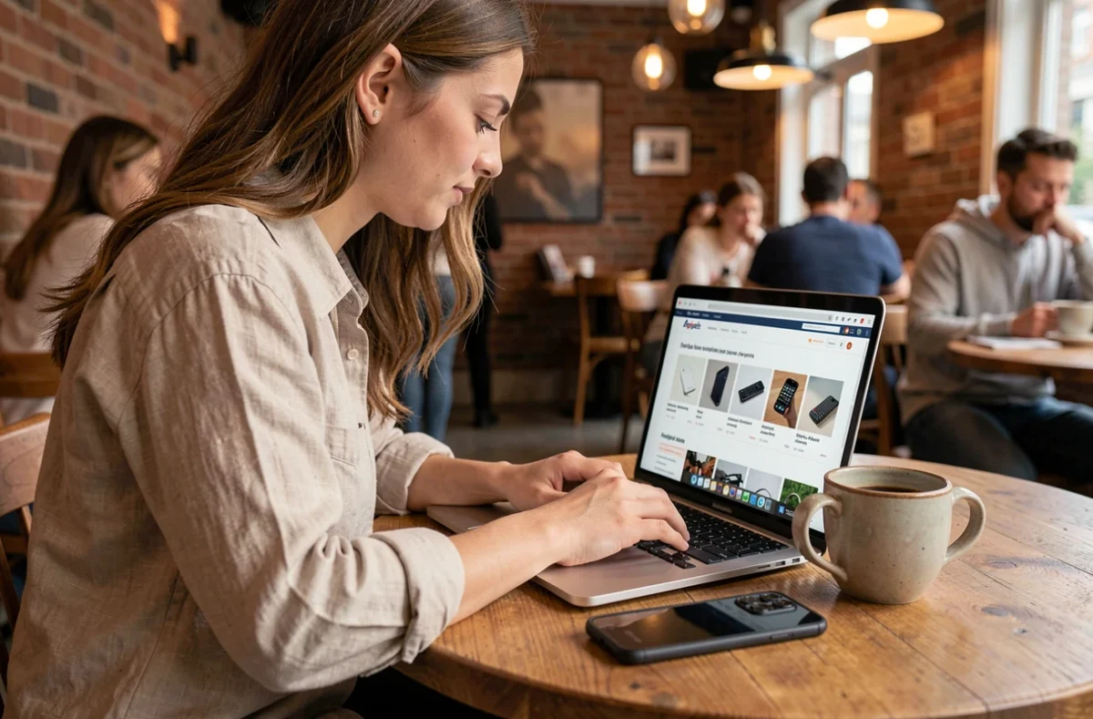 Jeune femme cherchant des offres de smartphones reconditionnés moins de 200 euros dans un café