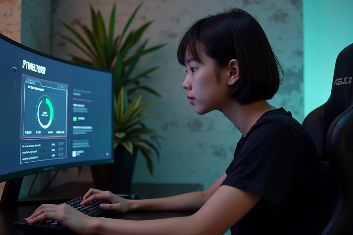Femme réglant les paramètres d'overclocking dans ASUS Armory Crate sur un écran ultrawide gaming