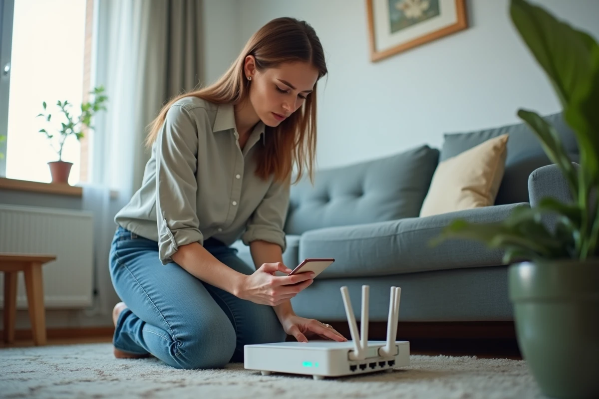 Jeune femme vérifiant un routeur WiFi dans un salon lumineux