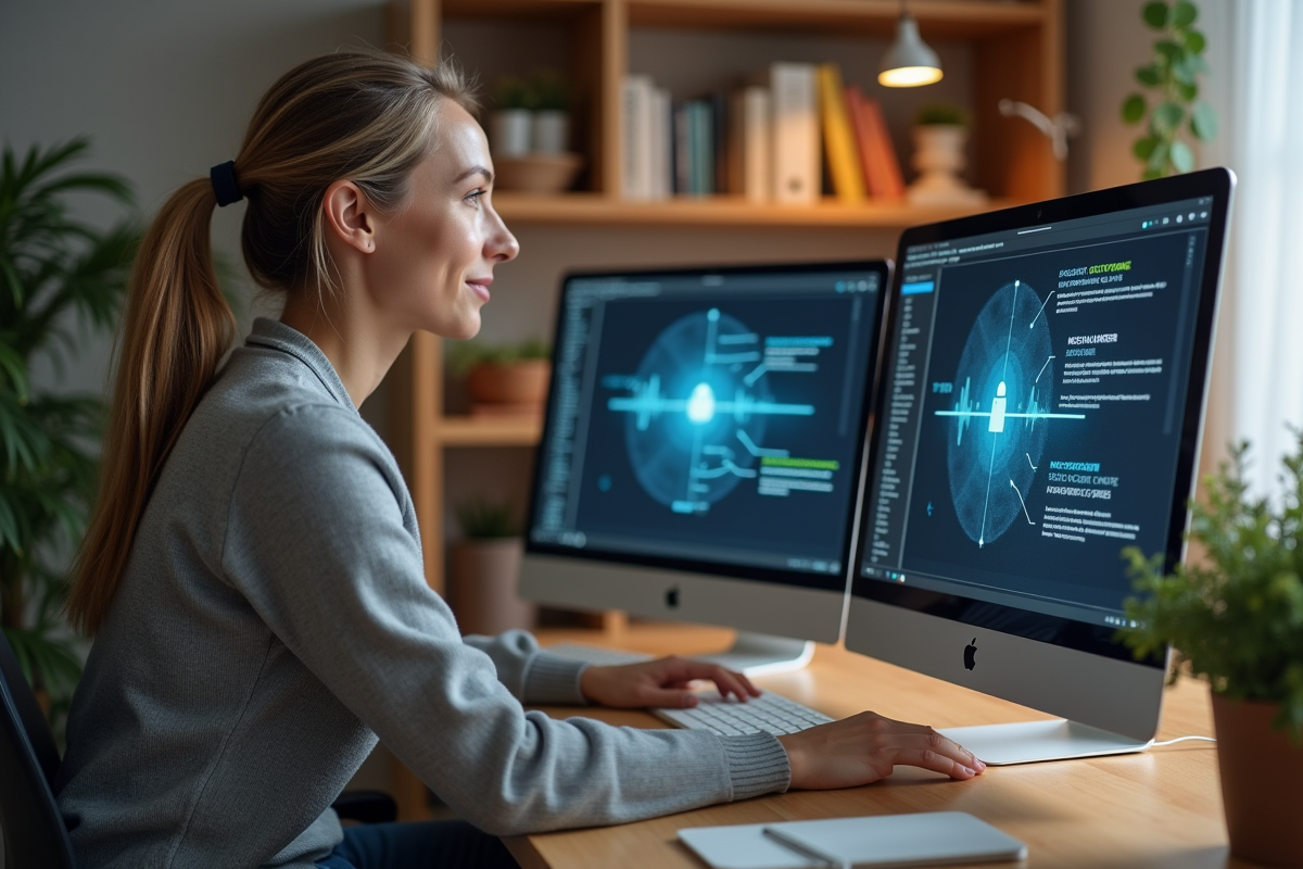 Femme vérifiant un logiciel de cybersécurité dans un espace de travail
