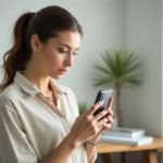 Femme tenant un smartphone Android et inspectant le module caméra arrière pour choisir le meilleur téléphone photo en 2026