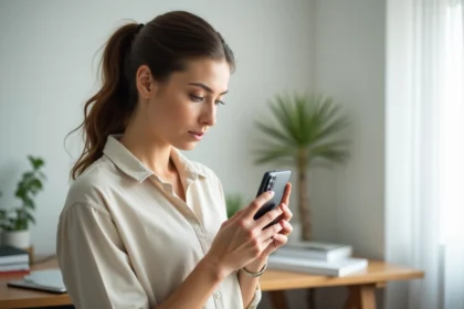 Femme tenant un smartphone Android et inspectant le module caméra arrière pour choisir le meilleur téléphone photo en 2026