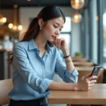 Jeune femme avec smartphone dans un café moderne
