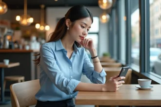 Jeune femme avec smartphone dans un café moderne