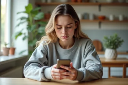 Jeune femme regardant son smartphone dans un appartement moderne
