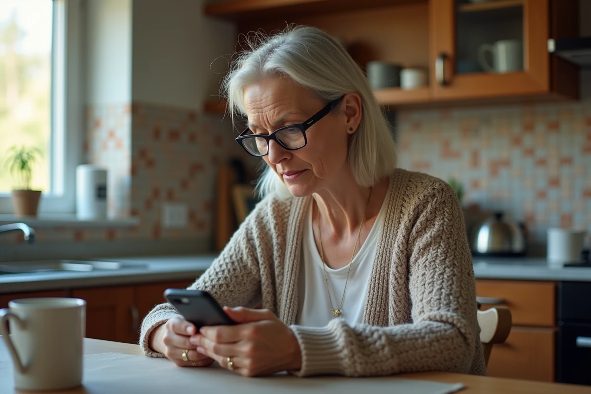 Femme utilisant son smartphone dans une cuisine chaleureuse
