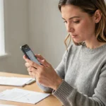 Femme examinant attentivement un smartphone reconditionné dans un bureau à domicile minimaliste
