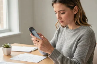 Femme examinant attentivement un smartphone reconditionné dans un bureau à domicile minimaliste
