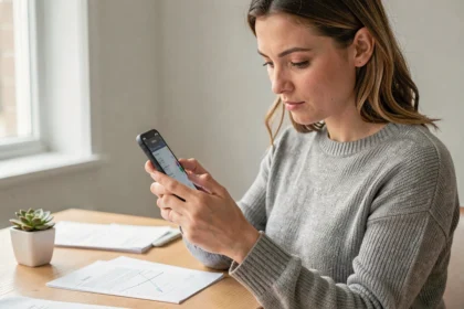 Femme examinant attentivement un smartphone reconditionné dans un bureau à domicile minimaliste