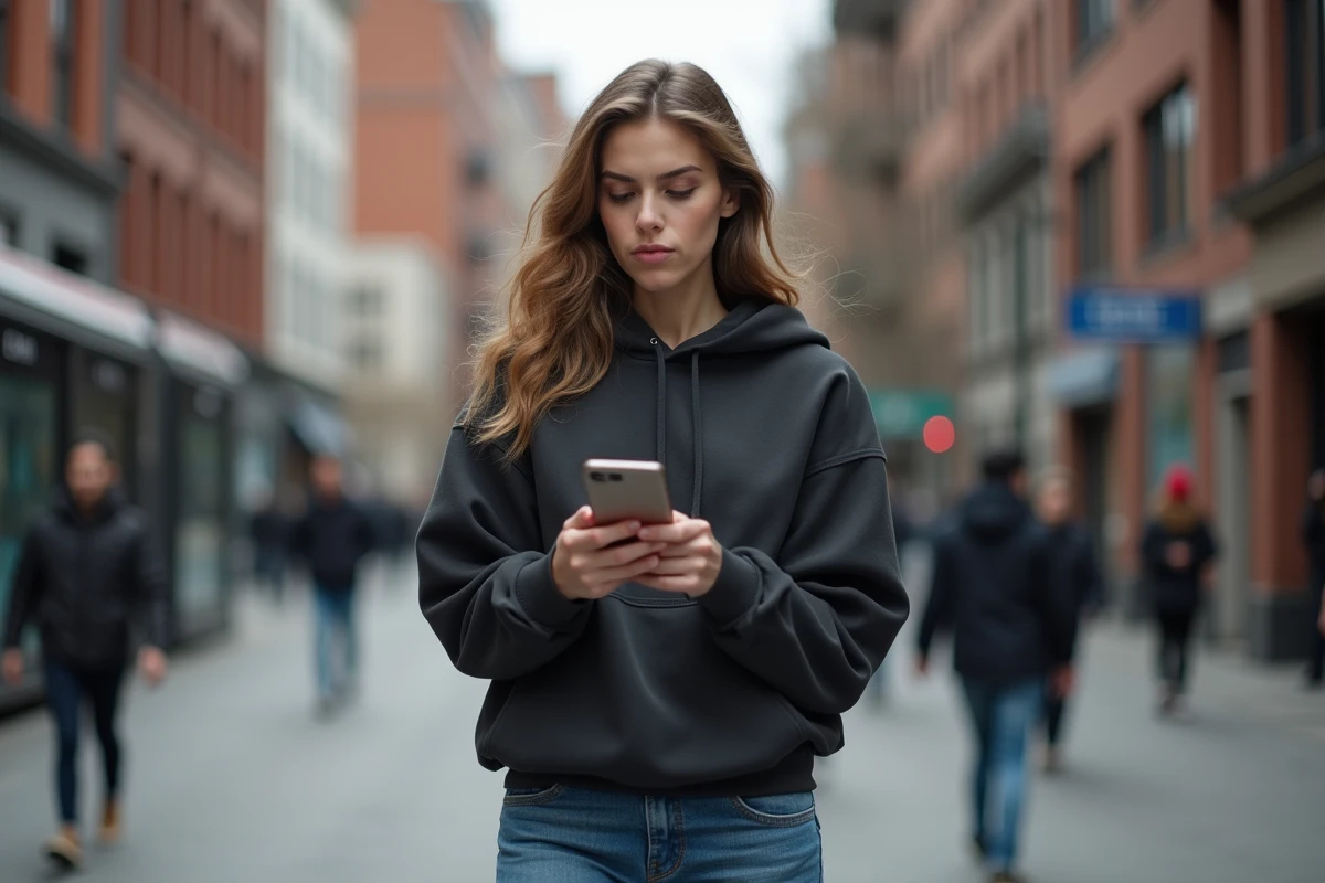 Femme dans la ville tenant son smartphone avec concentration