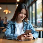 Jeune femme comparant deux smartphones au café