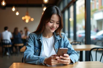 Jeune femme comparant deux smartphones au café