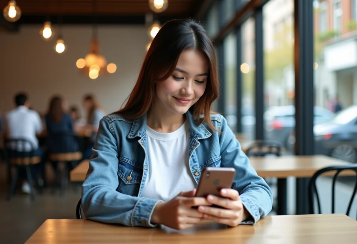 Jeune femme comparant deux smartphones au café