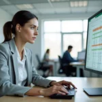 Femme professionnelle supprimant des doublons dans Excel sur un grand écran de bureau en open space