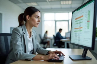 Femme professionnelle supprimant des doublons dans Excel sur un grand écran de bureau en open space