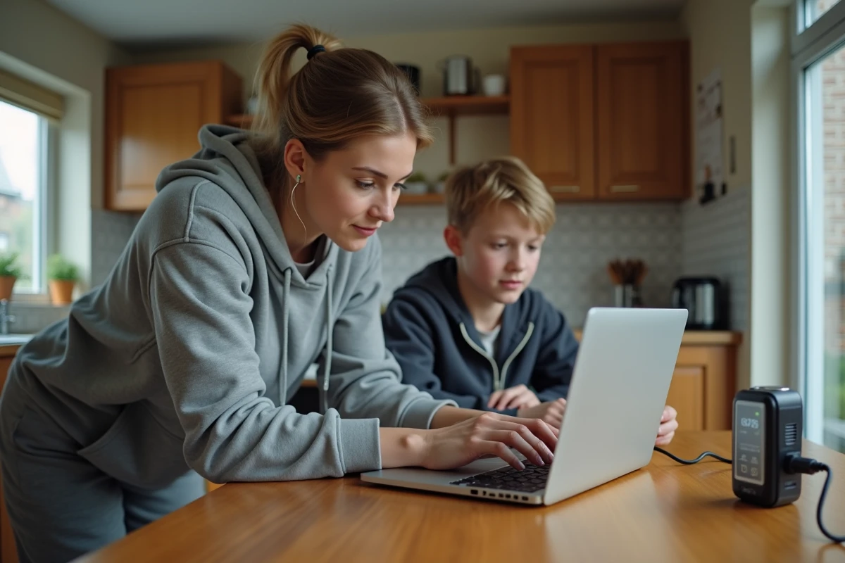 Femme et adolescent vérifiant un compteur d énergie à la cuisine