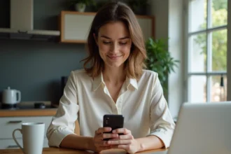 Jeune femme professionnelle configure ses emails au bureau
