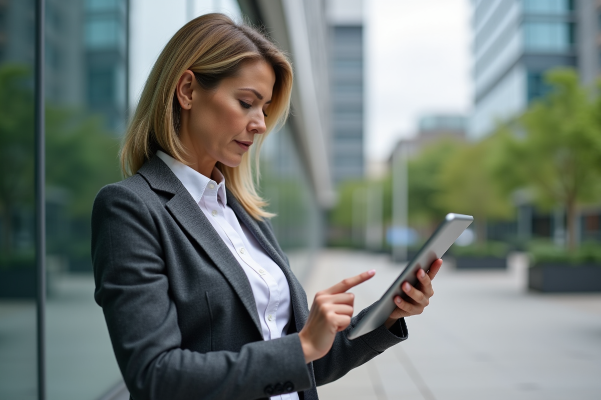Femme d age moyen utilisant une tablette en extérieur