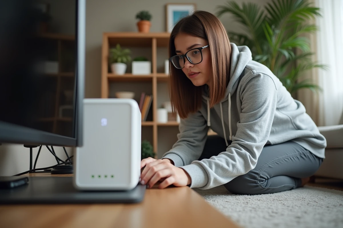 Jeune femme vérifiant un modem internet dans le salon