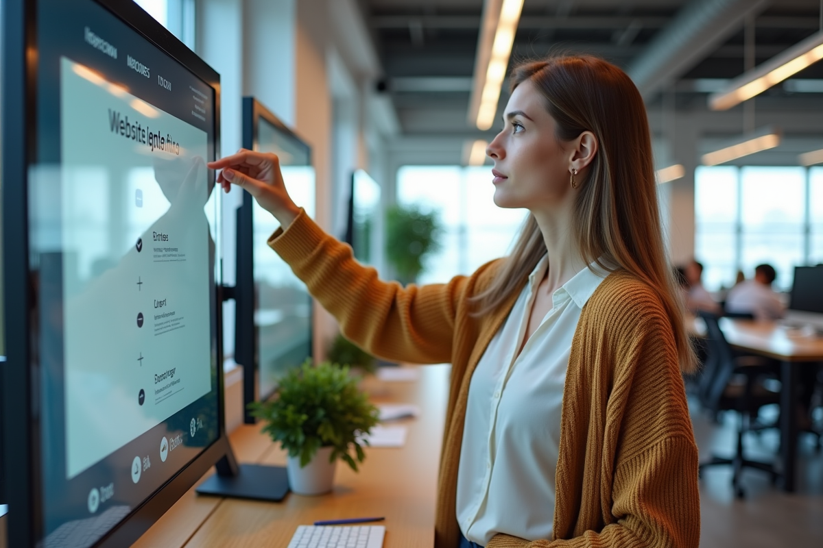Femme vérifiant une liste de contrôle sur un grand écran en coworking