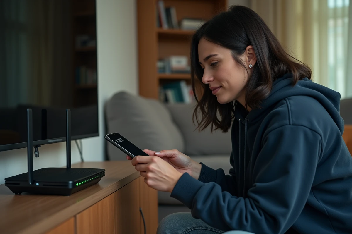 Femme vérifiant la configuration réseau de sa Freebox Revolution dans un salon moderne avec smartphone en main