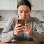 Femme vérifiant la sauvegarde de ses photos Samsung Cloud sur son smartphone dans une cuisine moderne