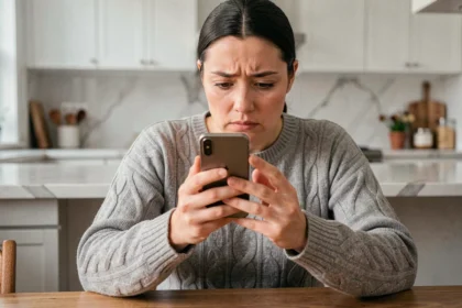 Femme vérifiant la sauvegarde de ses photos Samsung Cloud sur son smartphone dans une cuisine moderne