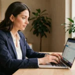 Femme utilisant un webmail académique sur un ordinateur portable dans un bureau moderne