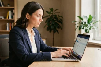 Femme utilisant un webmail académique sur un ordinateur portable dans un bureau moderne