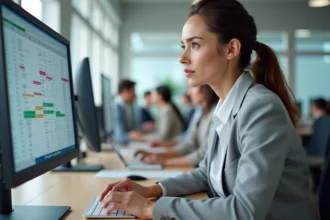 Femme concentrée utilisant la fonction figer les lignes sur Excel dans un bureau moderne