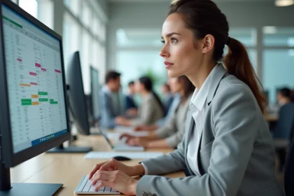 Femme concentrée utilisant la fonction figer les lignes sur Excel dans un bureau moderne