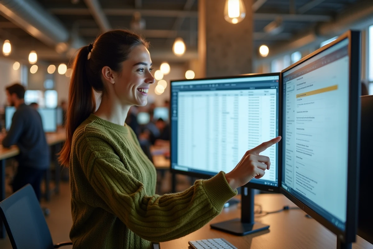 Jeune femme debout dans un espace de coworking consultant un tableau Excel avec des lignes figées sur double écran