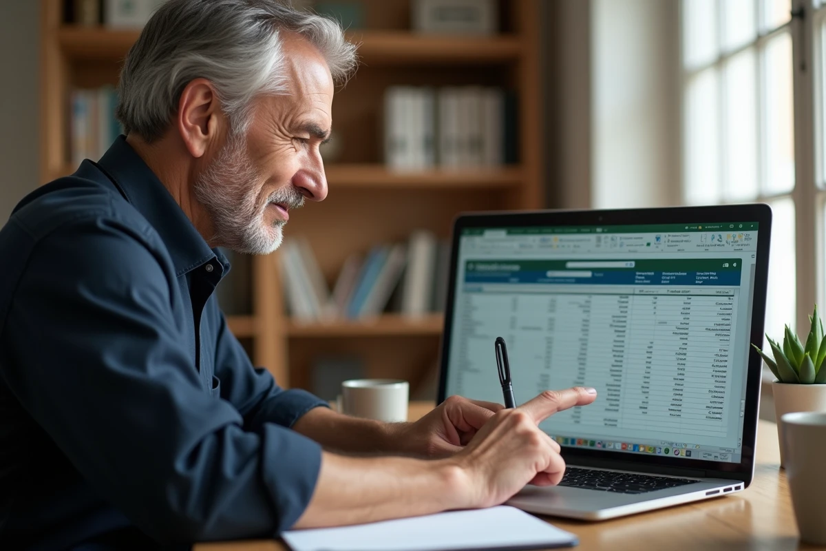 Homme en télétravail consultant un tutoriel sur le gel de lignes dans une feuille Excel sur ordinateur portable