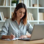 Femme débutante suivant une formation en ligne sur son ordinateur portable dans un bureau à domicile organisé
